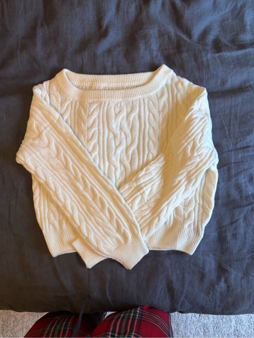 Cream Cable Knit Women's Sweater off shoulder- Classic Crewneck